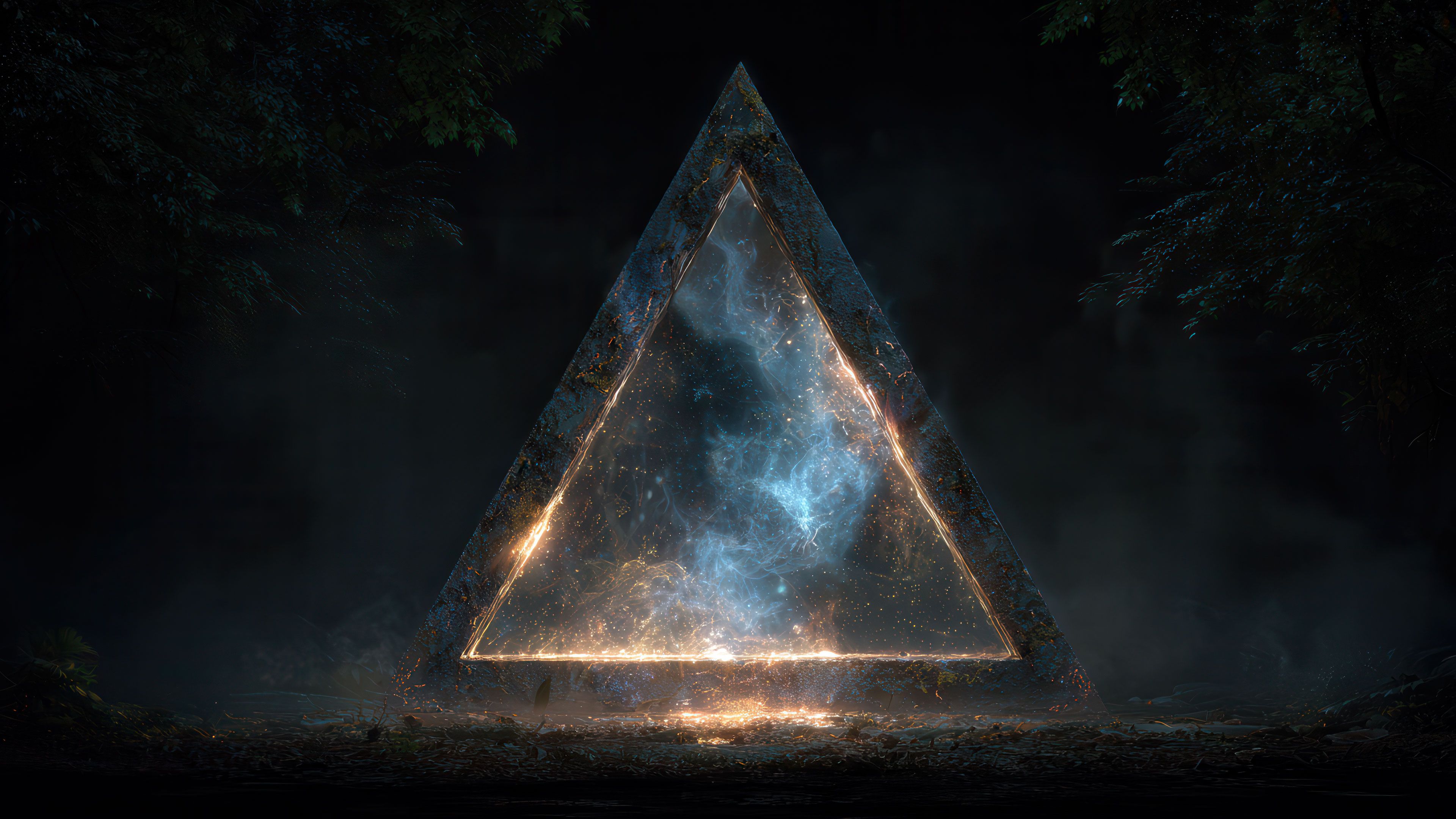 Luminous triangle gateway in ancient forest