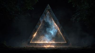 Luminous triangle gateway in ancient forest
