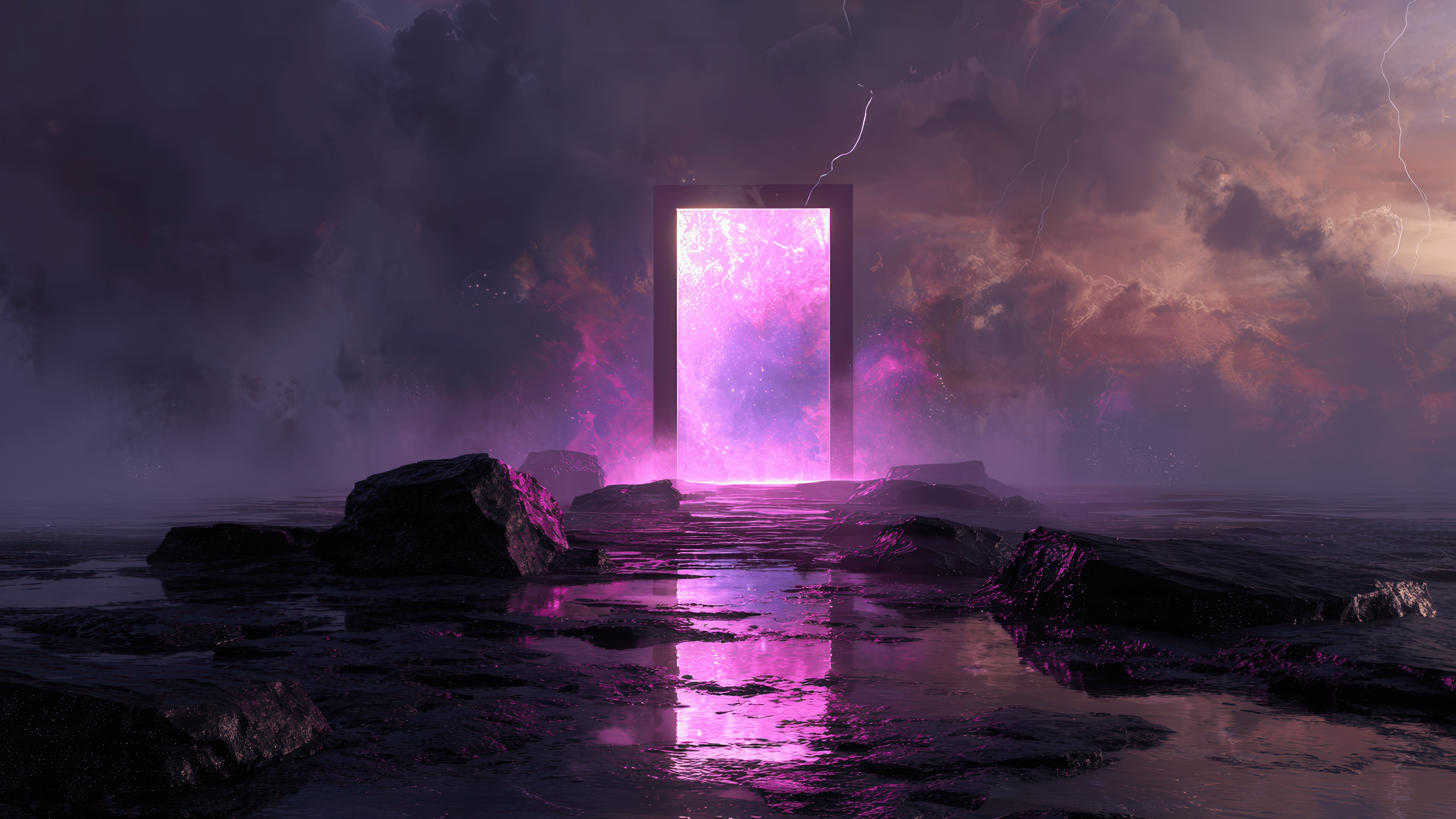 Purple cosmic portal reflection under storm sky