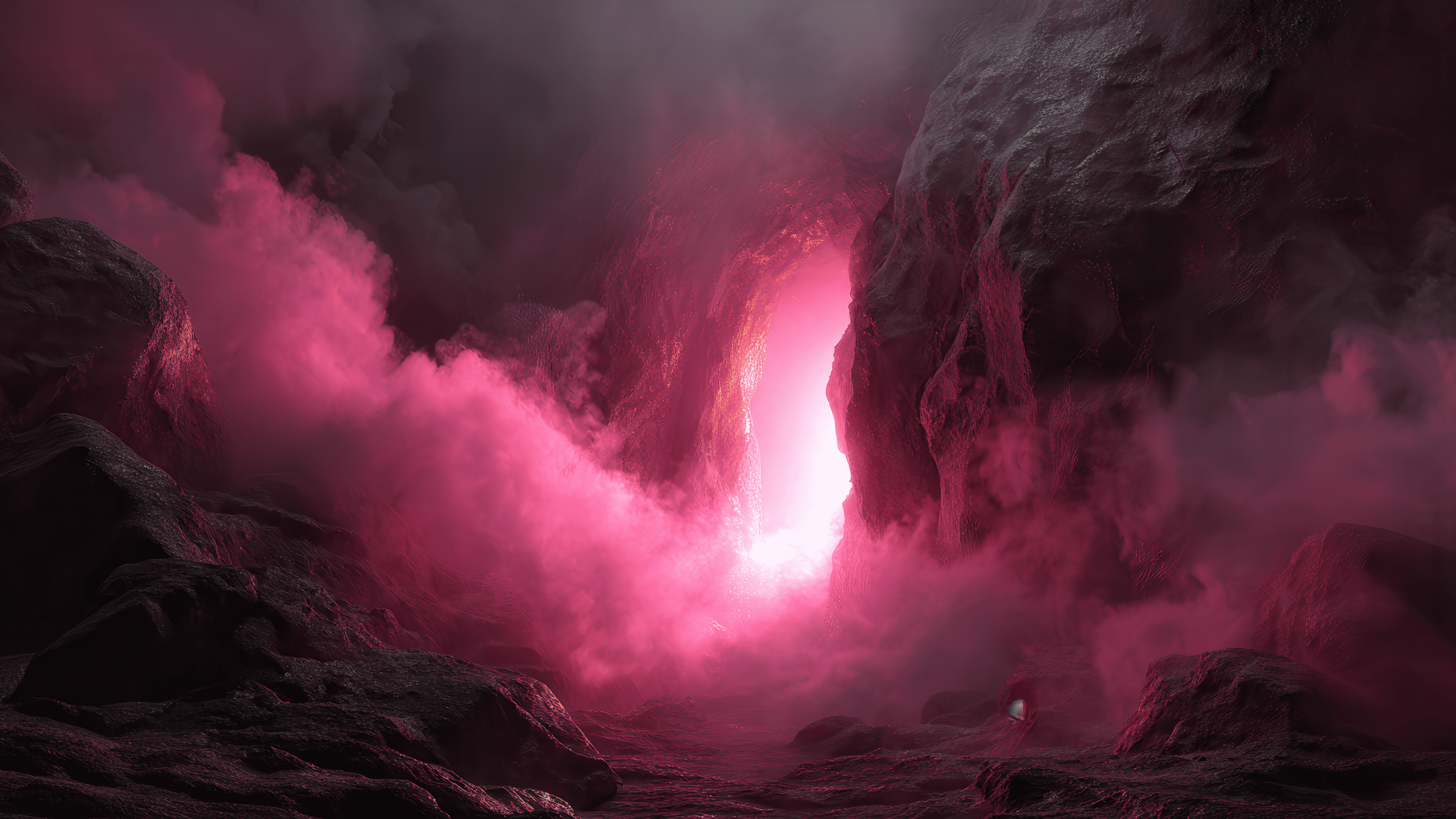 Deep cavern pink mist glowing entrance