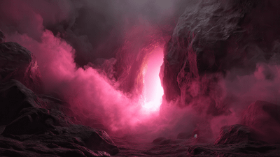 Deep cavern pink mist glowing entrance