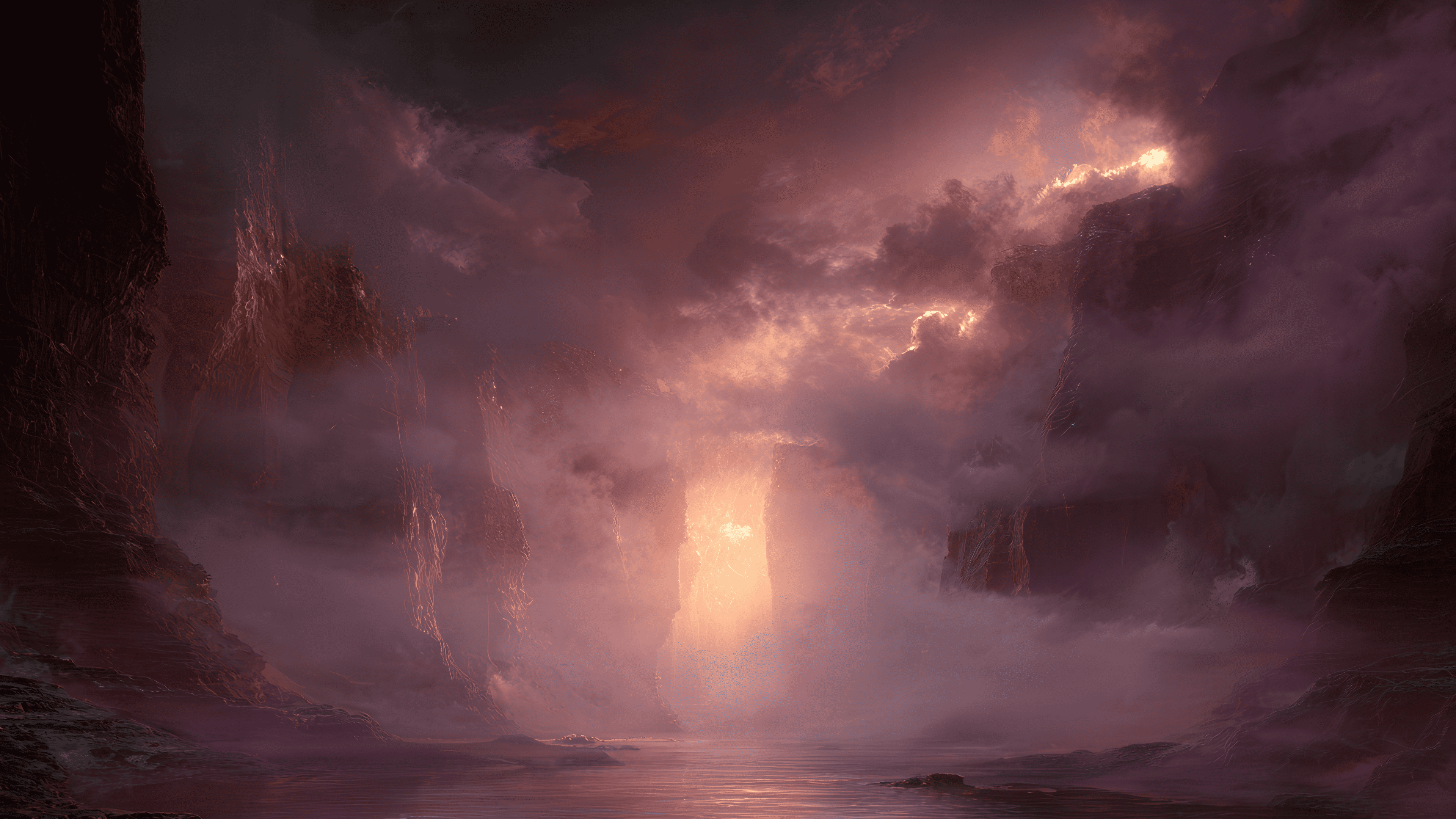 Dramatic rocky landscape illuminated by otherworldly glow