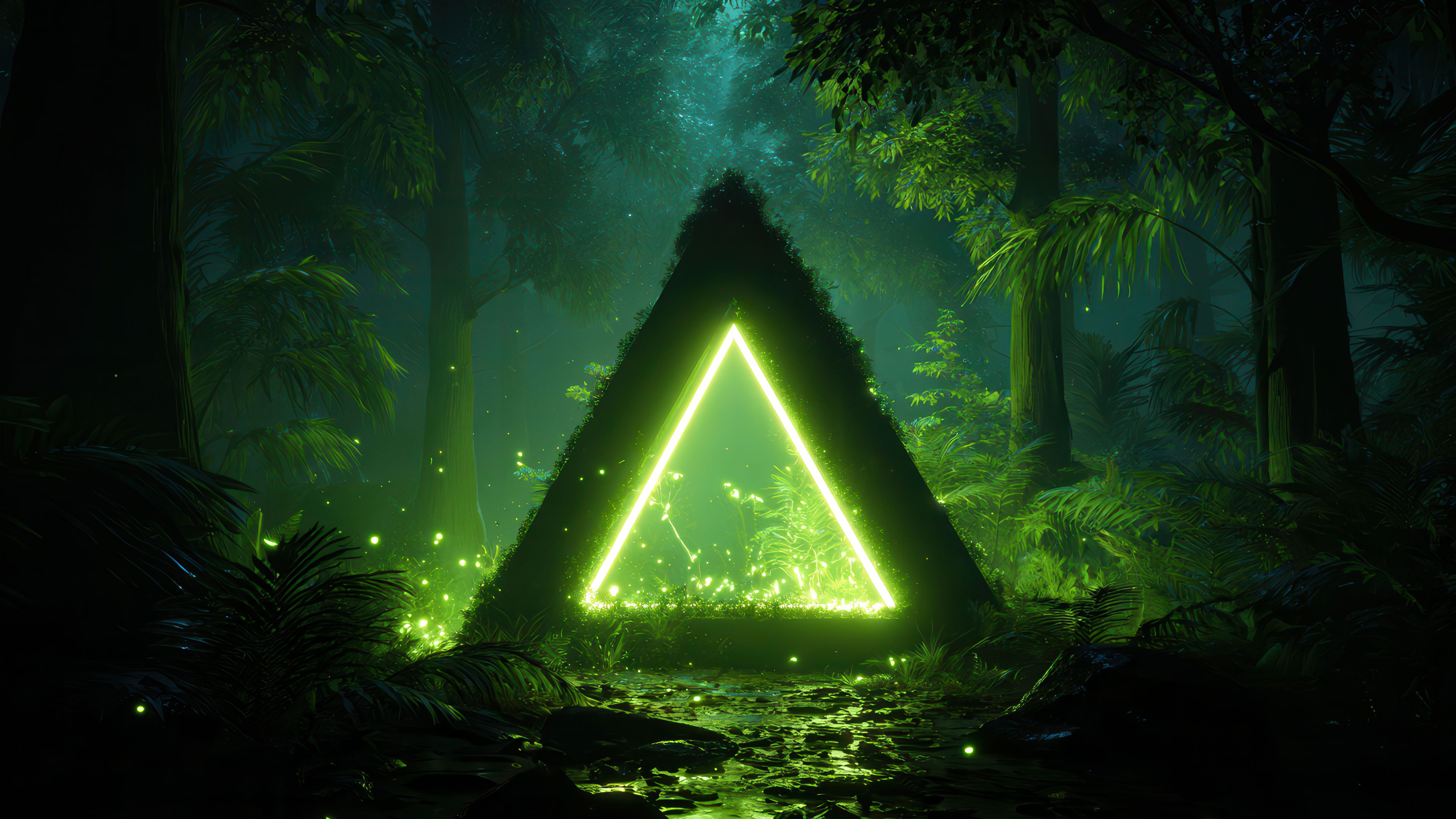 Mysterious glowing triangle in deep forest