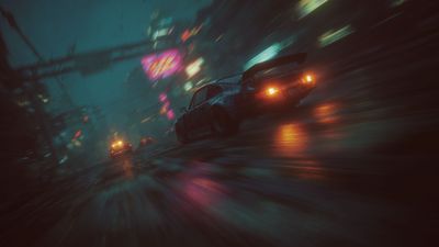 Rainy neon city street classic car drive