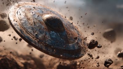 Battle damaged shield mid air amidst flying debris