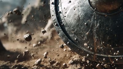 Ancient Metal Shield Impacting Ground Debris