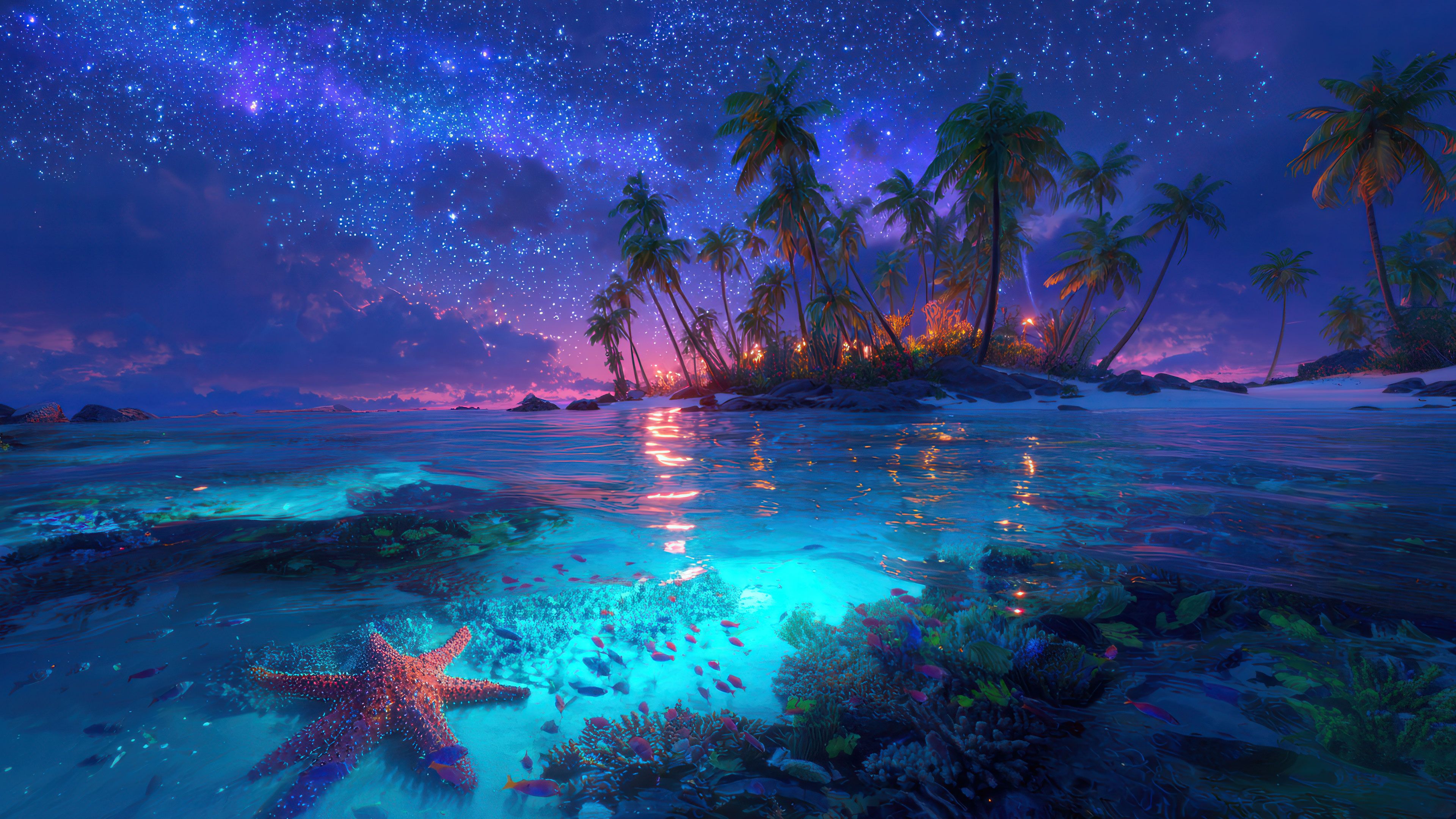Magical tropical island night starry ocean