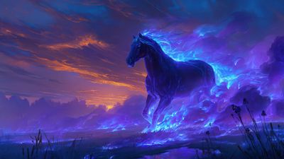 Ethereal Blue Horse Running at Sunset