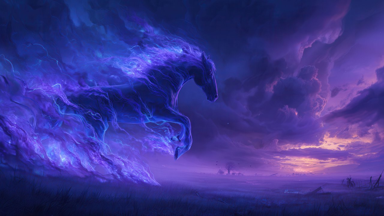 Mystical blue spirit horse sprints under twilight sky
