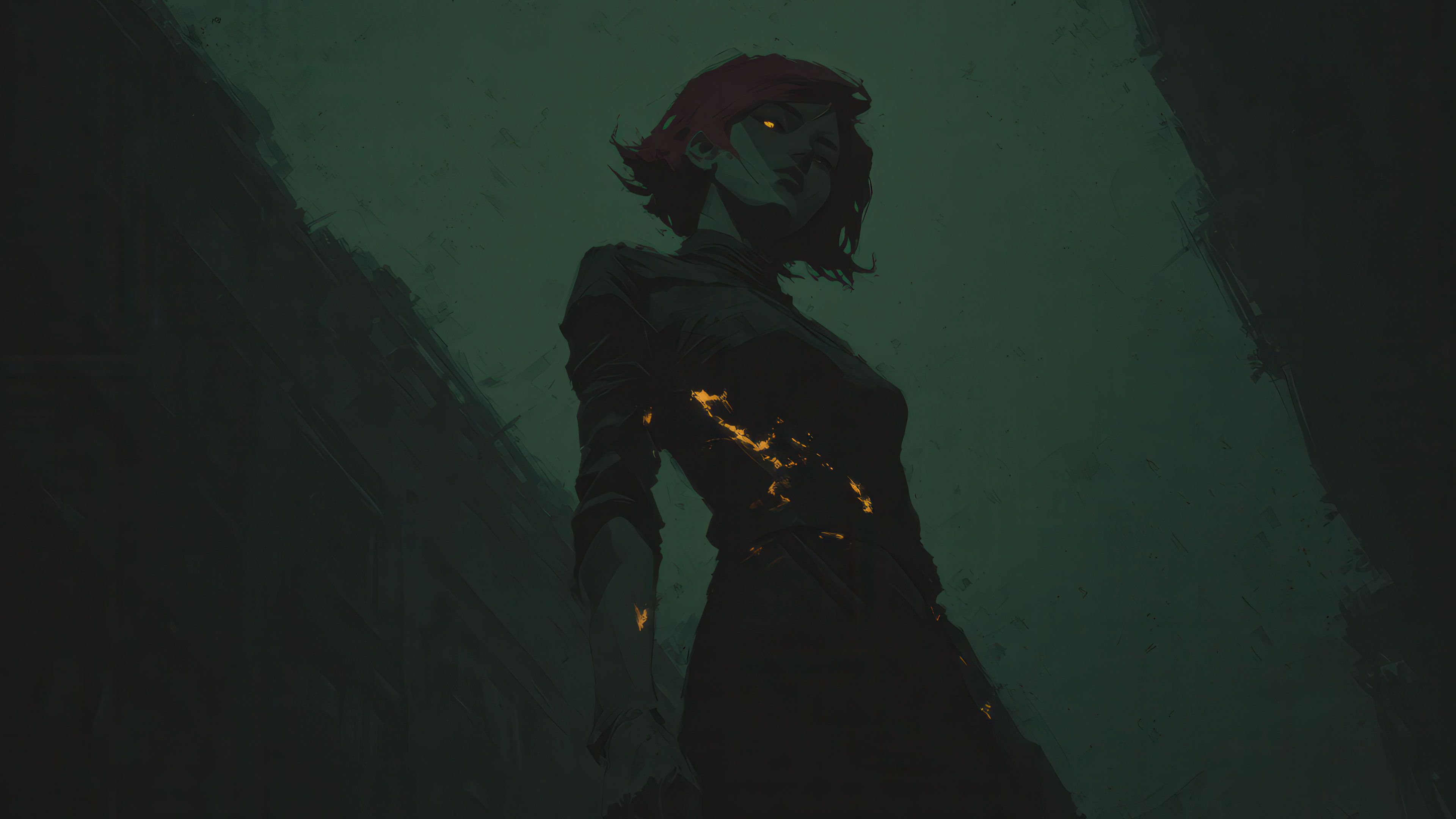 Mysterious Woman Golden Energy Deep Green Art