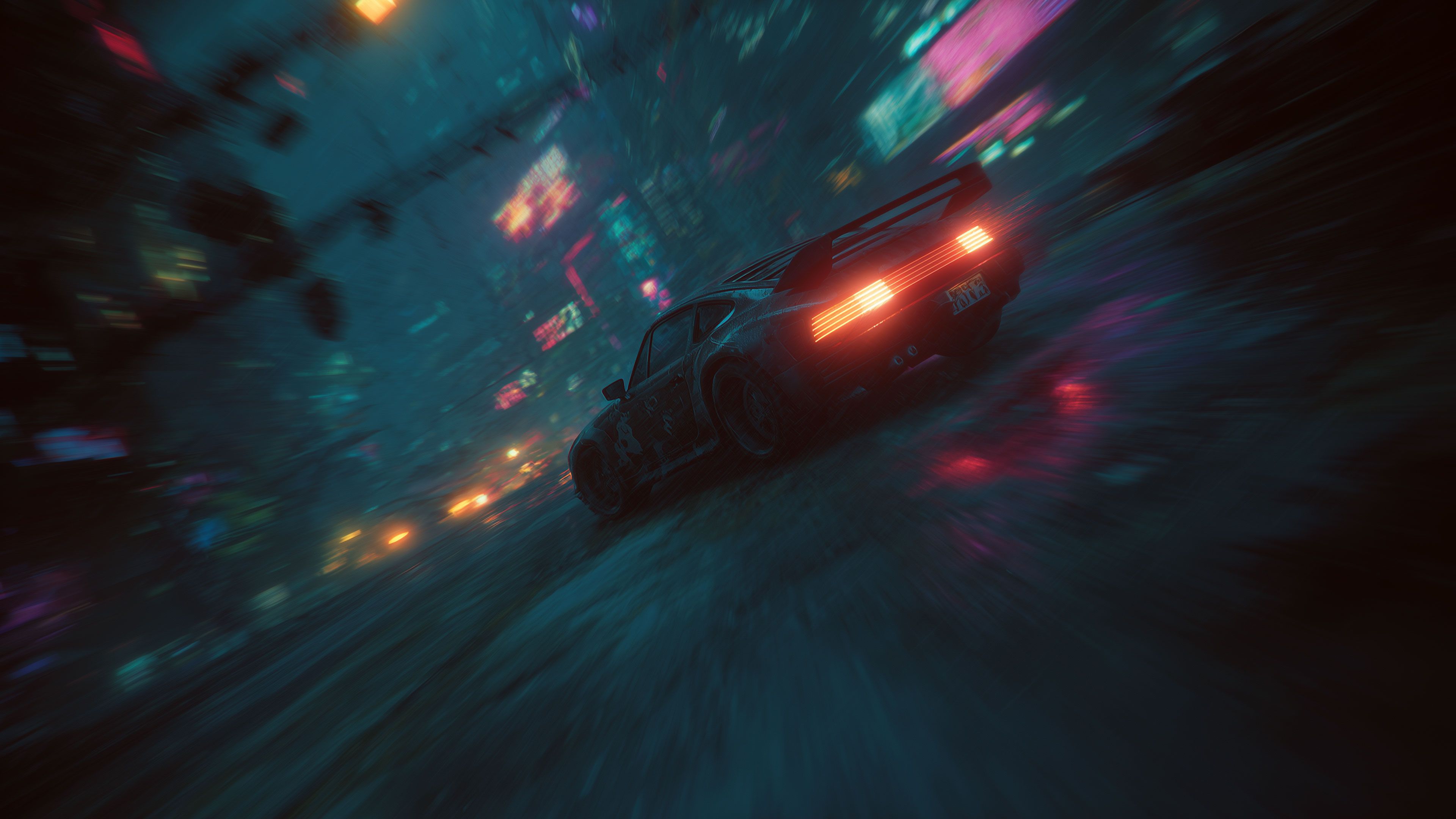 Fast classic car in neon futuristic city