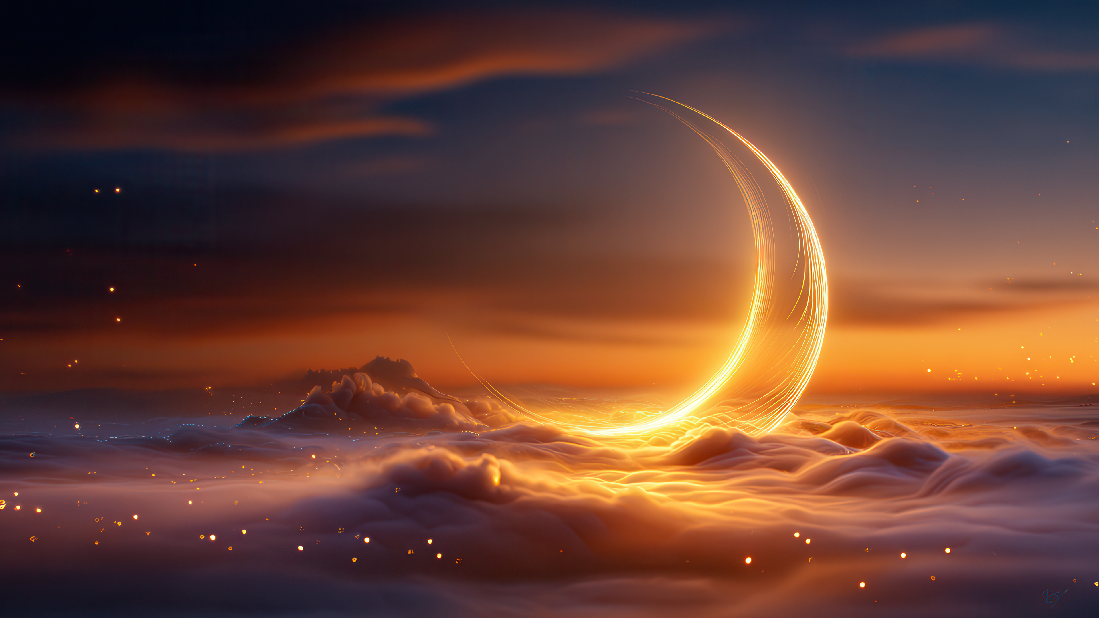 Golden Luminous Crescent Over Ethereal Clouds