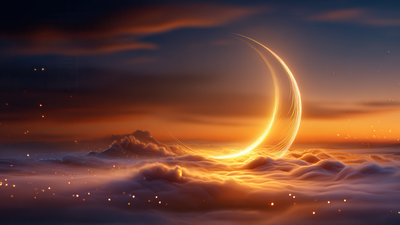 Golden Luminous Crescent Over Ethereal Clouds