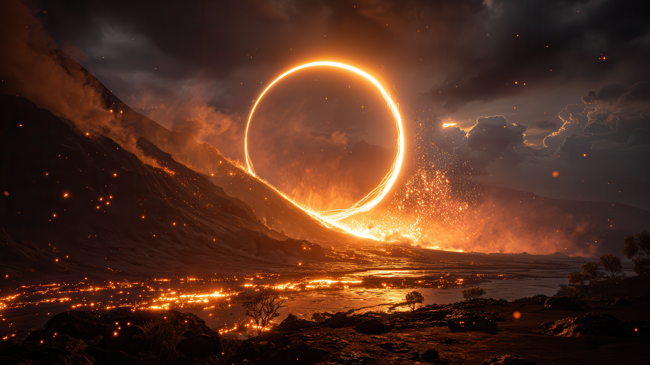 Dramatic fiery portal over a dark surreal world