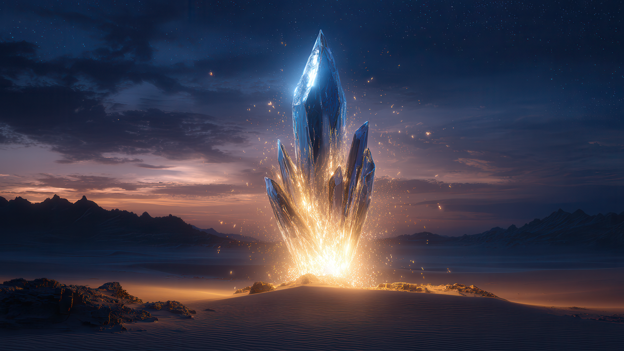 Mystical Blue Crystal Illuminates Desert Night