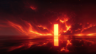 Glowing Portal Over Fiery Red Waterscape