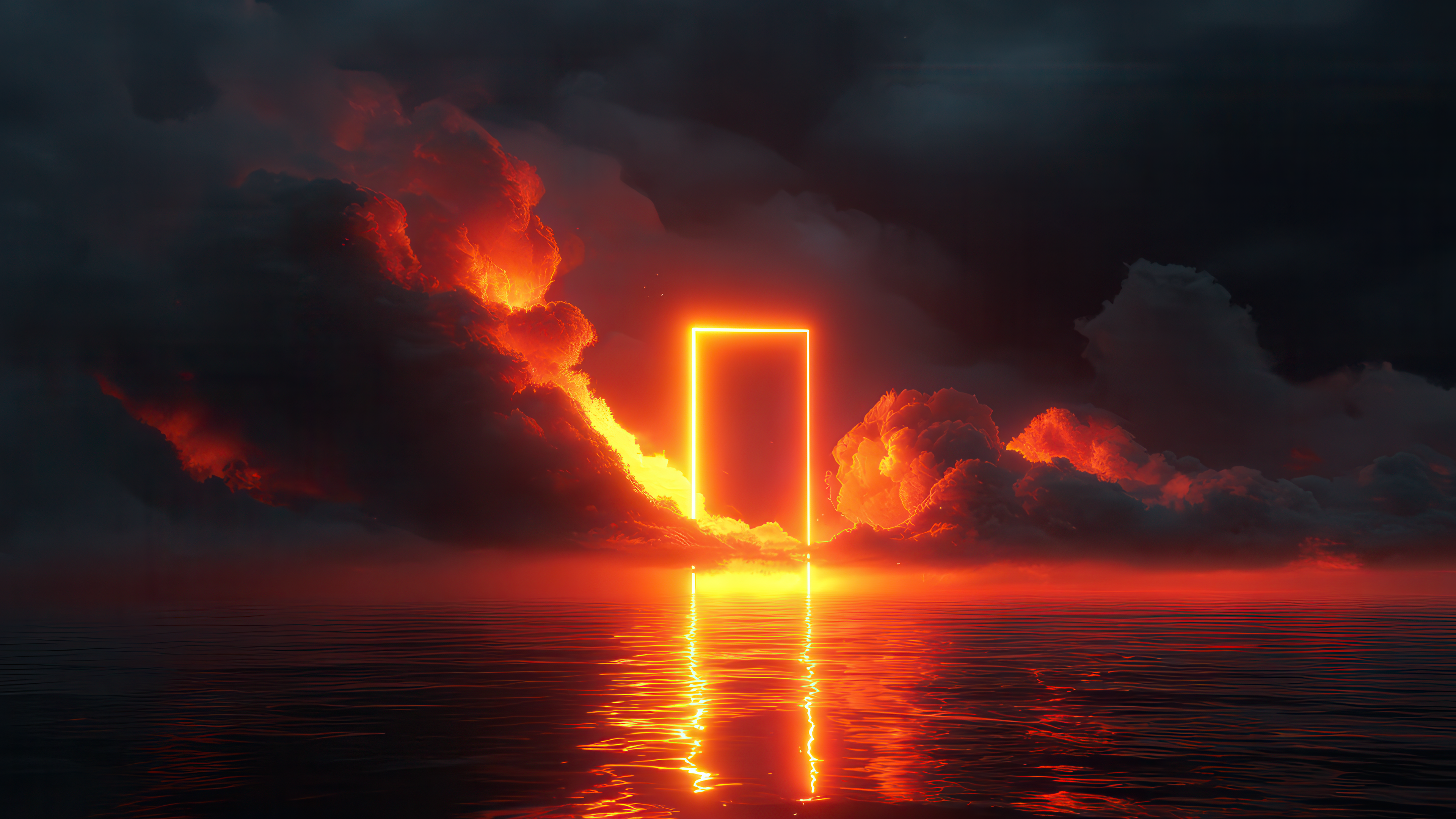 Surreal fiery orange portal over dark waters