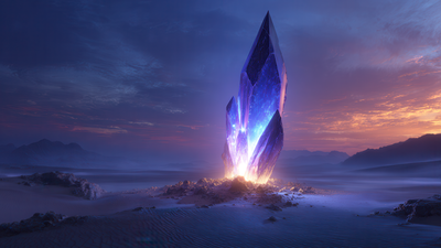 Radiant Blue Crystal Beacon in Vast Desert