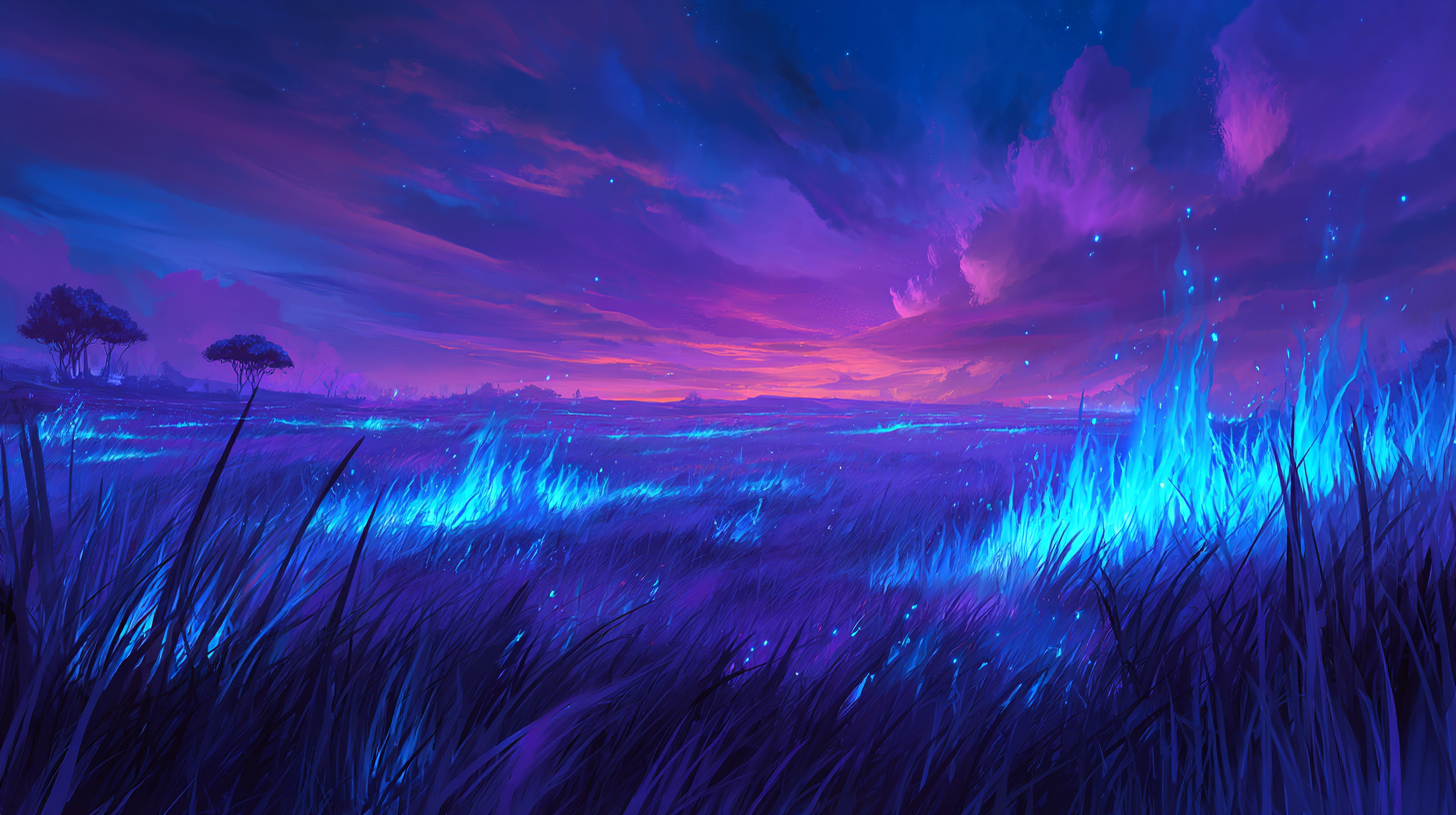 Electric Blue Flames on Purple Grass