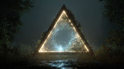 Luminous geometric portal within an ancient forest