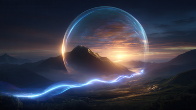 Ethereal light orb with flowing energy across mountains