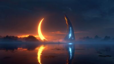Futuristic Landscape Radiant Crescent and Tower