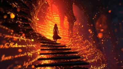 Woman ascends golden glowing mystical stairway