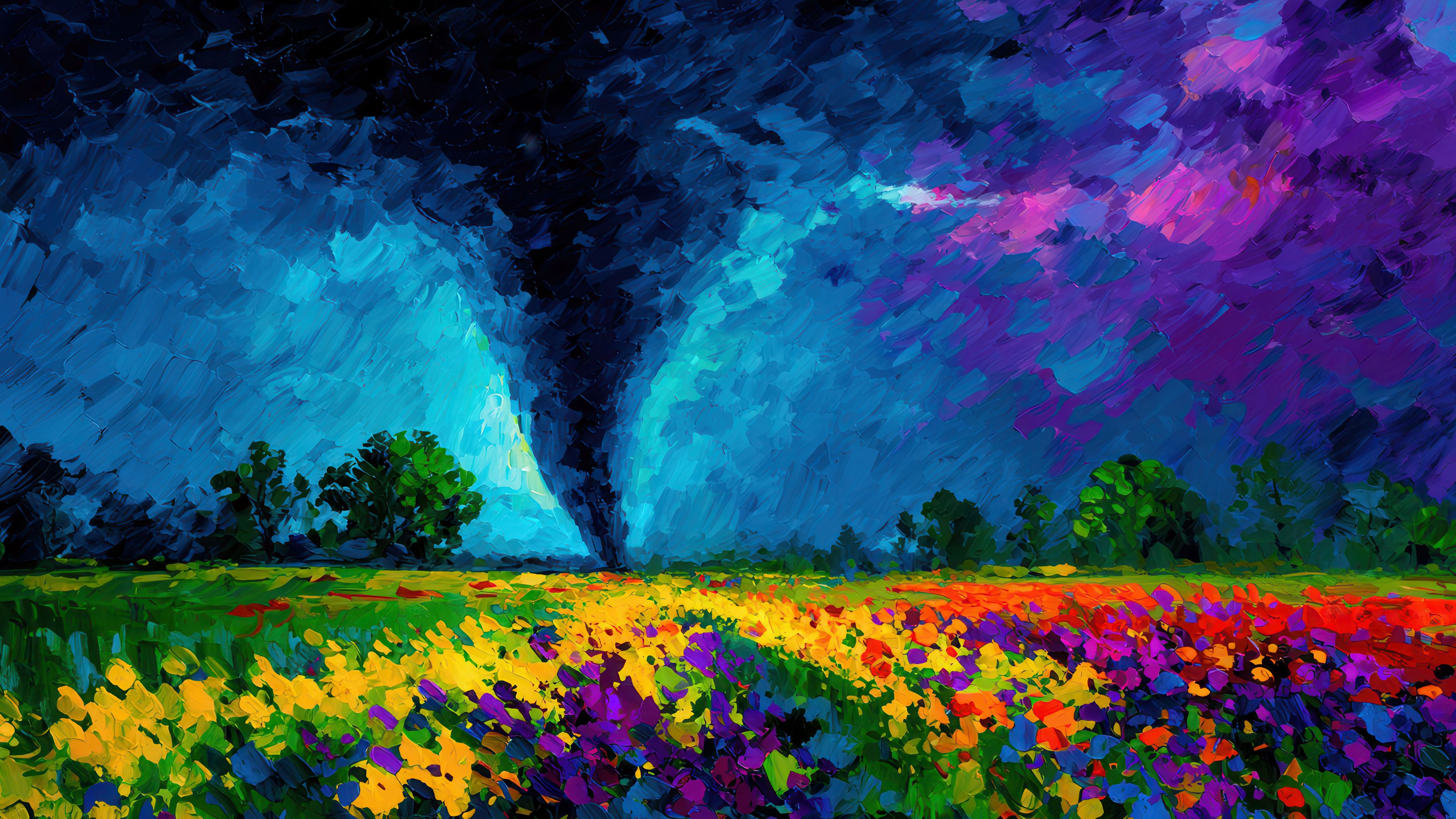 Impasto Tornado Over Vibrant Flower Field Art