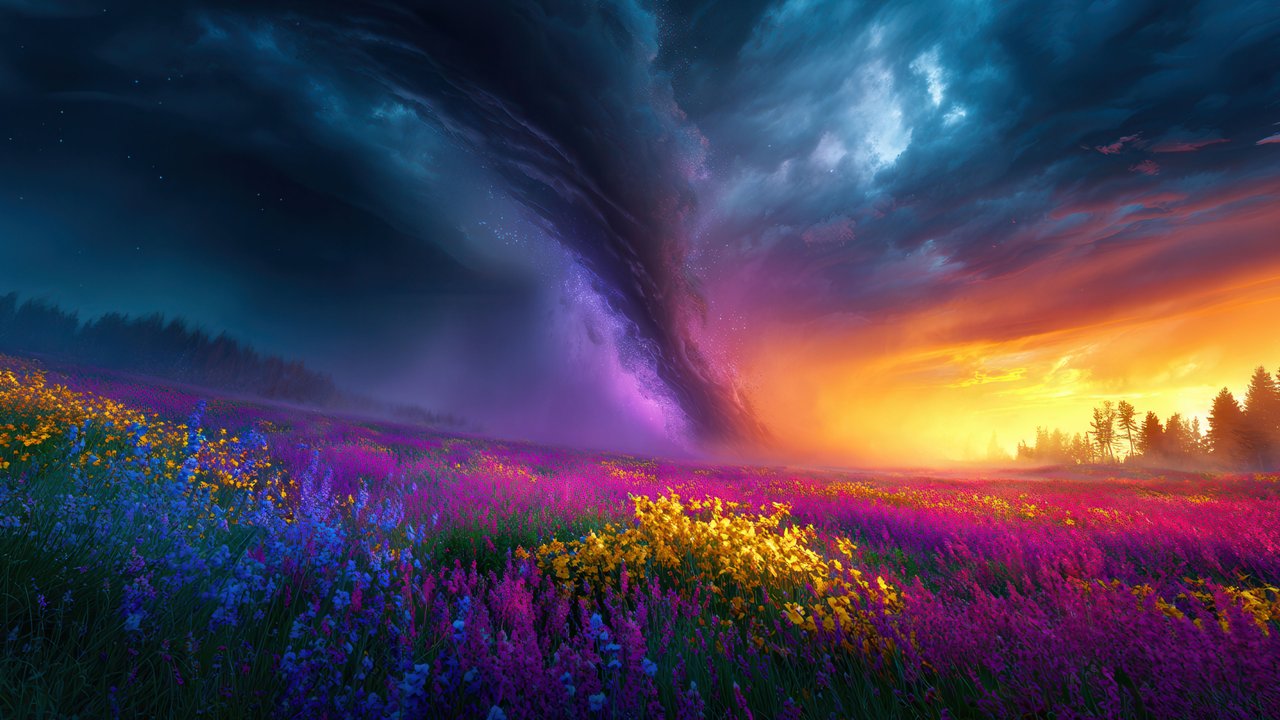 Fantasy Floral Field Under Galactic Sunset Clouds
