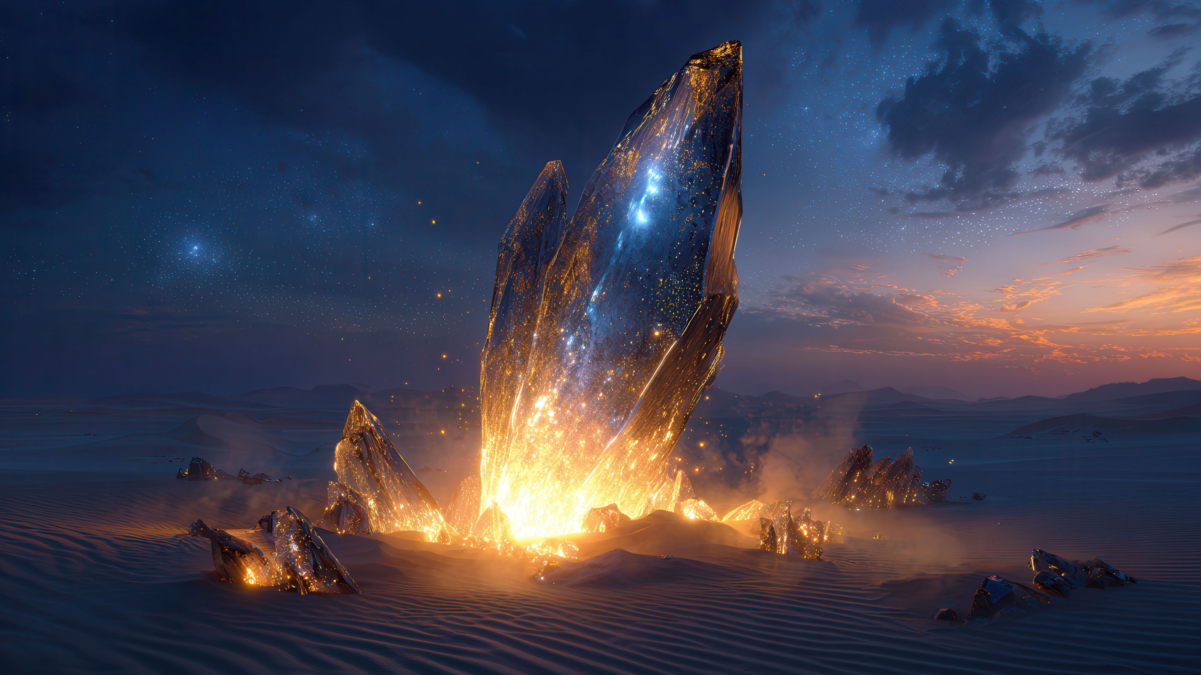 Cosmic Crystal Glows in Desert Landscape