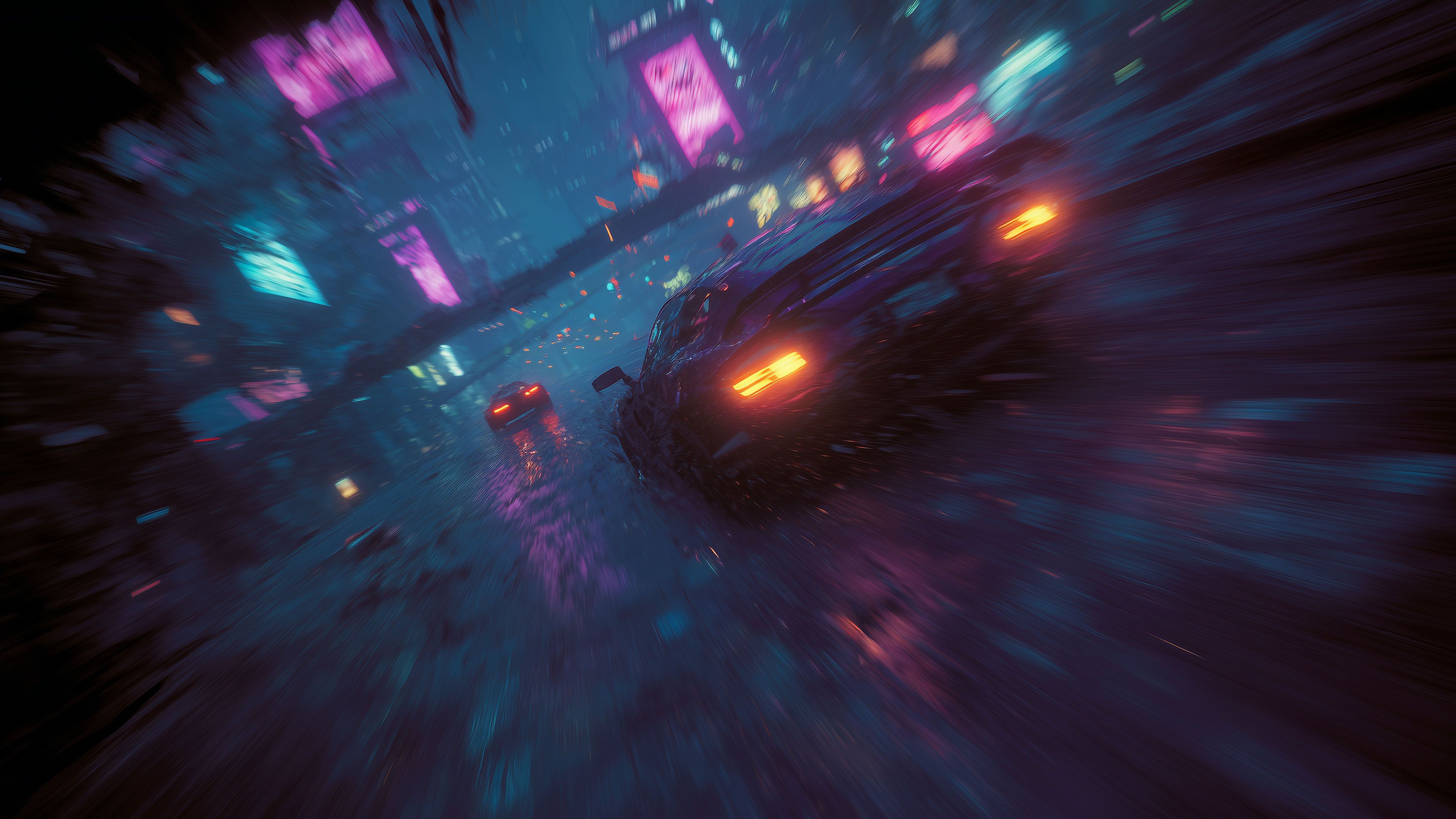 Speeding Through Neon City Lights Streets