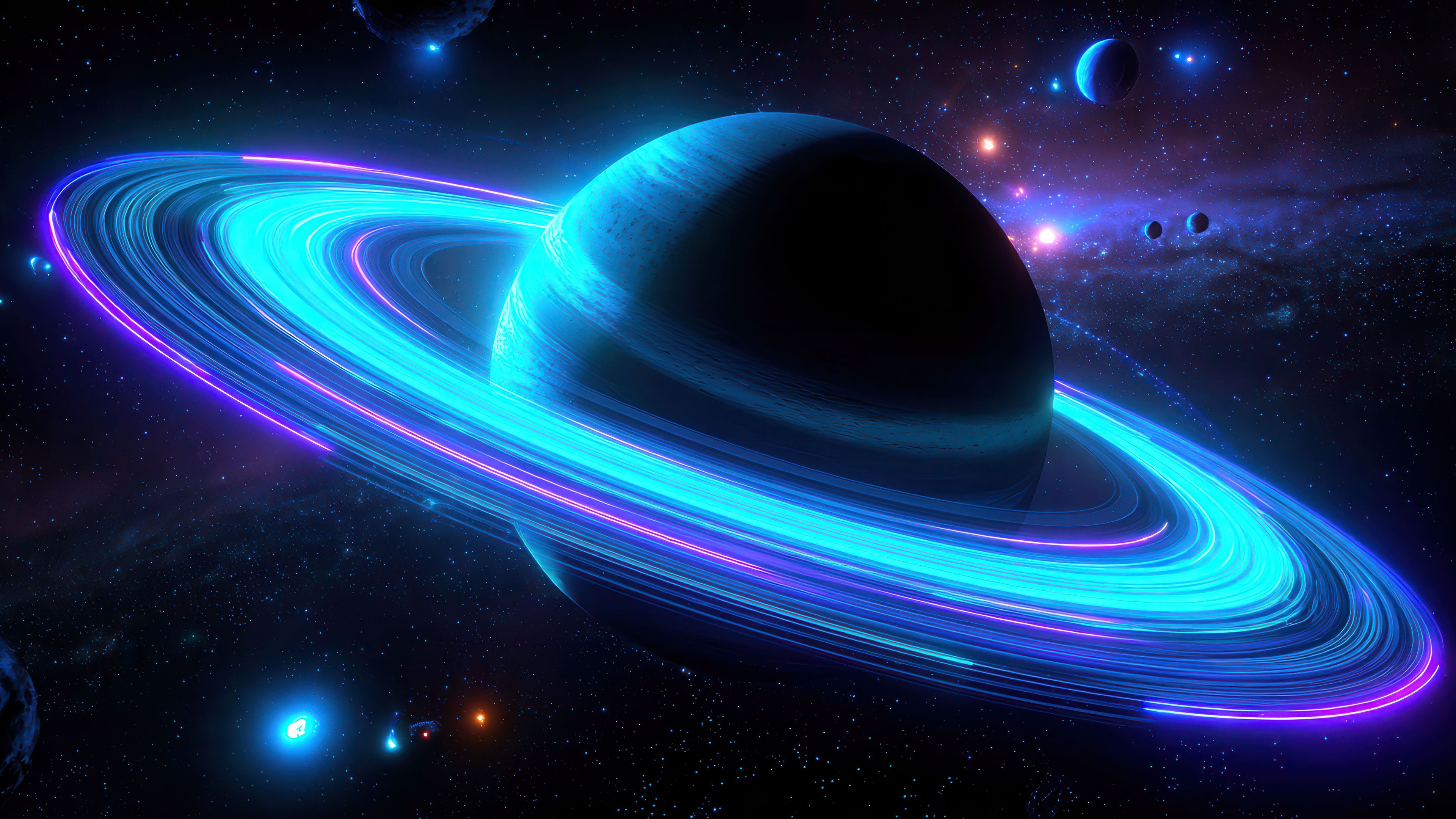 Celestial Ringed Planet Shimmers With Neon Light