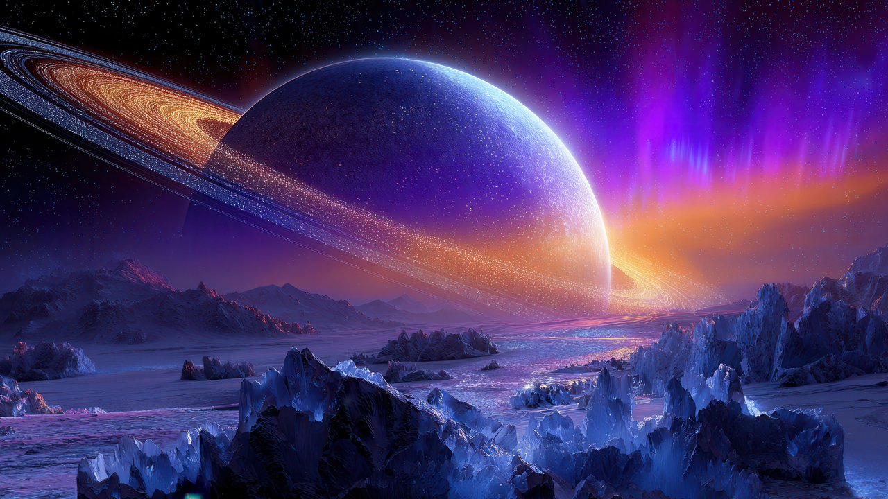 Ringed alien world with colorful aurora and icy terrain