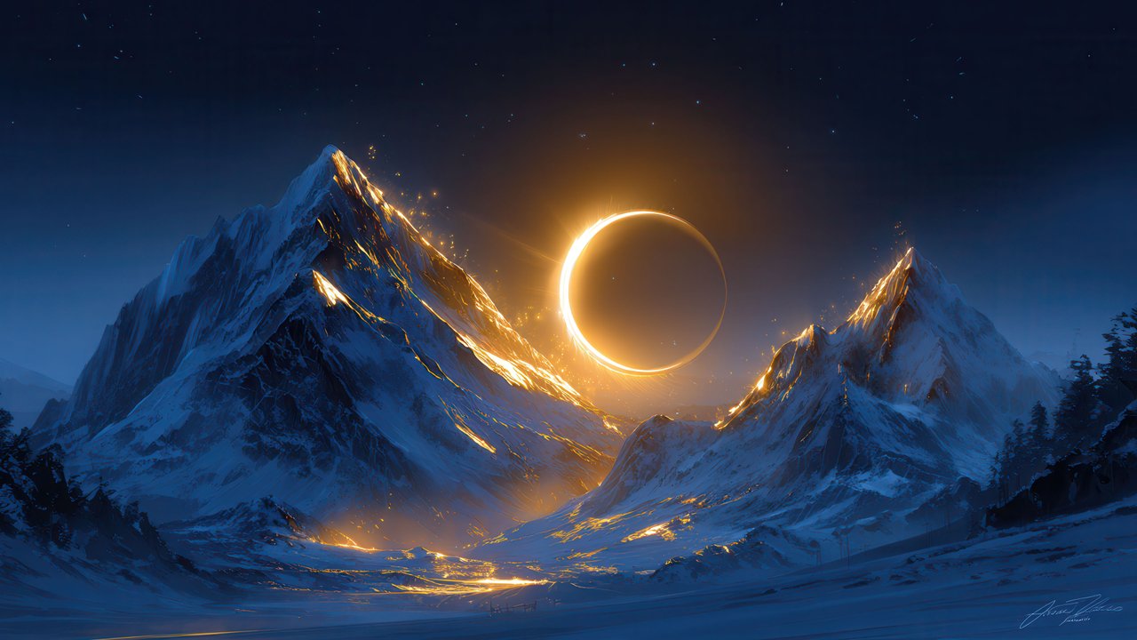 Golden cosmic ring lights icy mountains