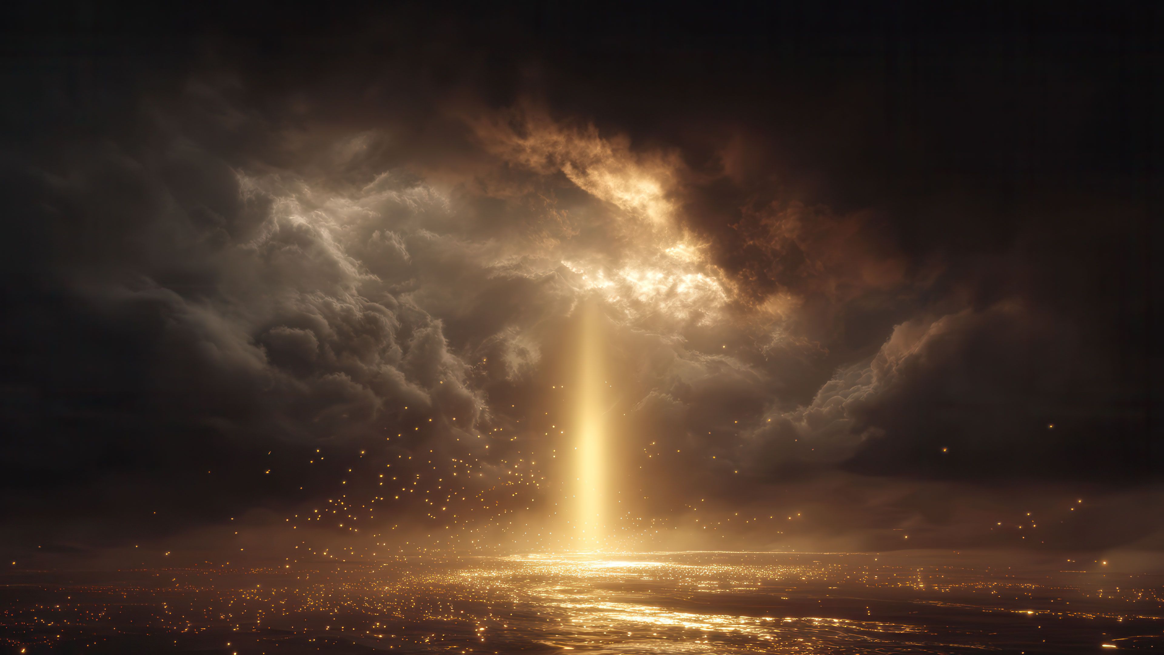 Brilliant golden light pierces dark clouds and sparkling water