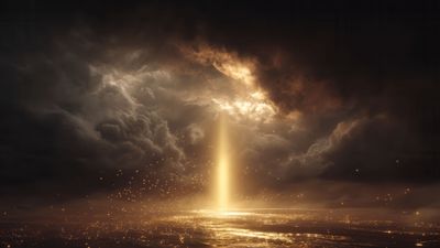 Brilliant golden light pierces dark clouds and sparkling water