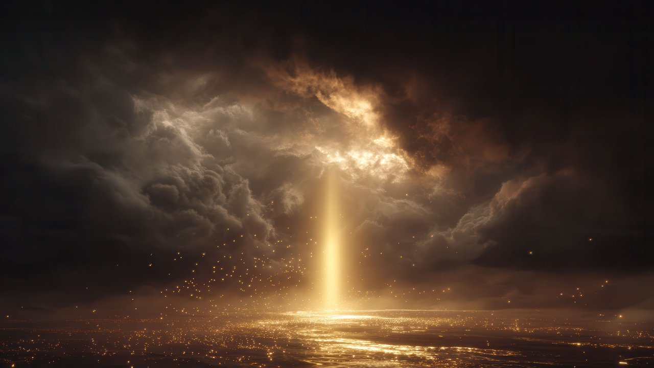 Brilliant golden light pierces dark clouds and sparkling water