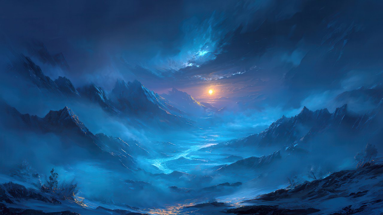 Celestial Blue Landscape with Luminous Mountain River
