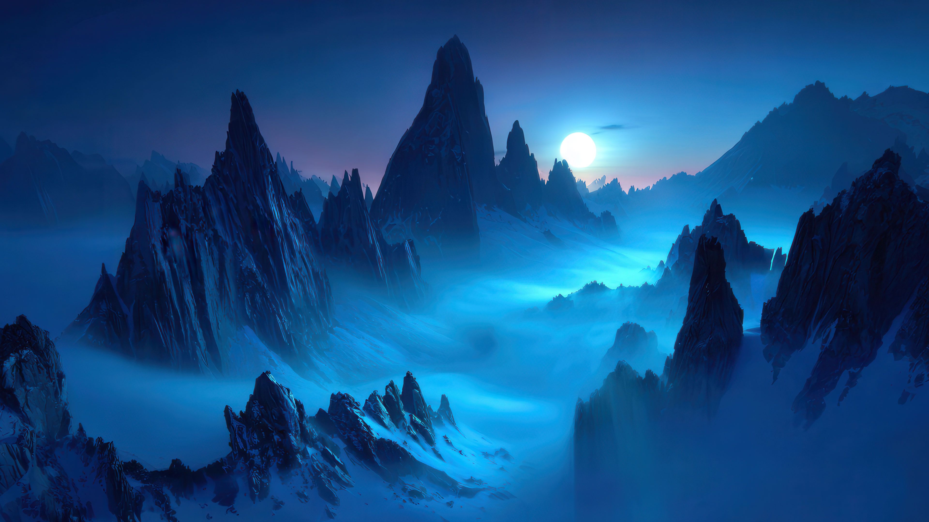 Dreamlike Blue Peaks Shrouded in Moonlight Mist