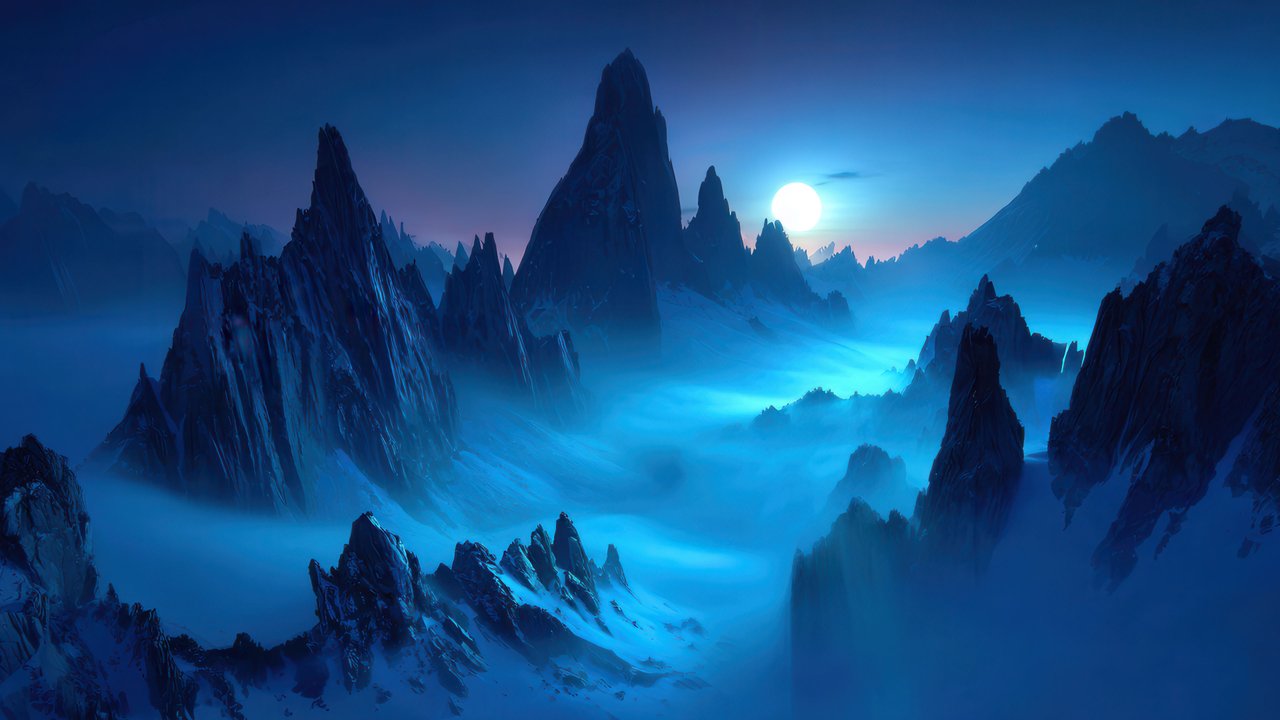 Dreamlike Blue Peaks Shrouded in Moonlight Mist