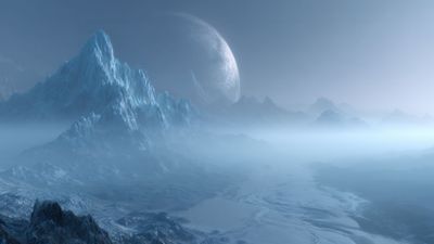 Vast icy alien landscape under a mysterious planet