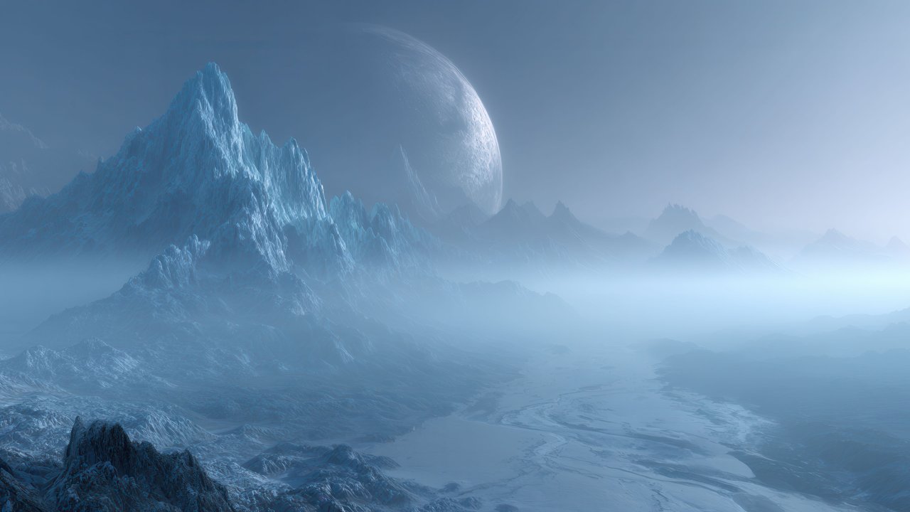 Vast icy alien landscape under a mysterious planet