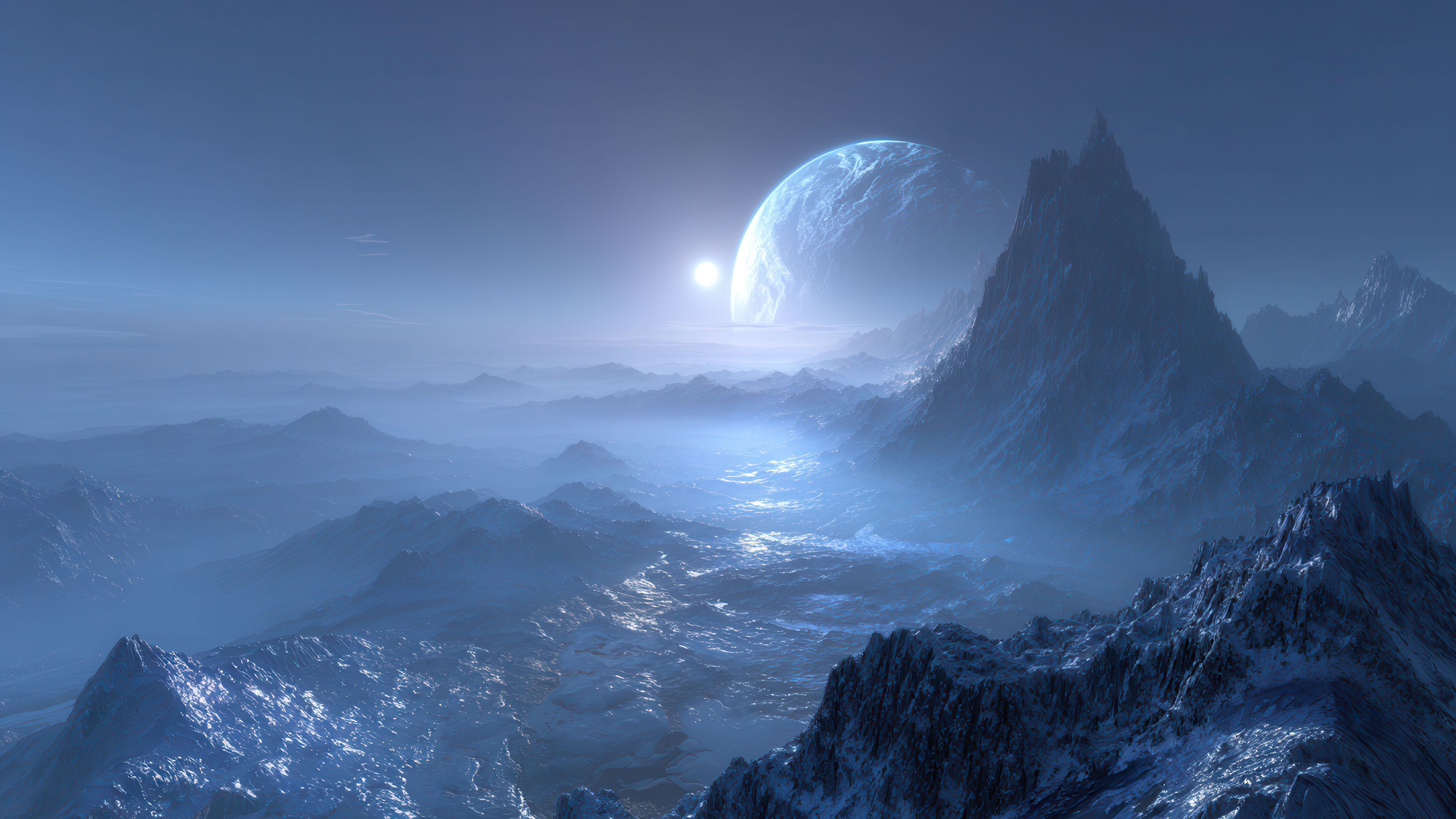 Otherworldly frozen planet with a looming blue giant