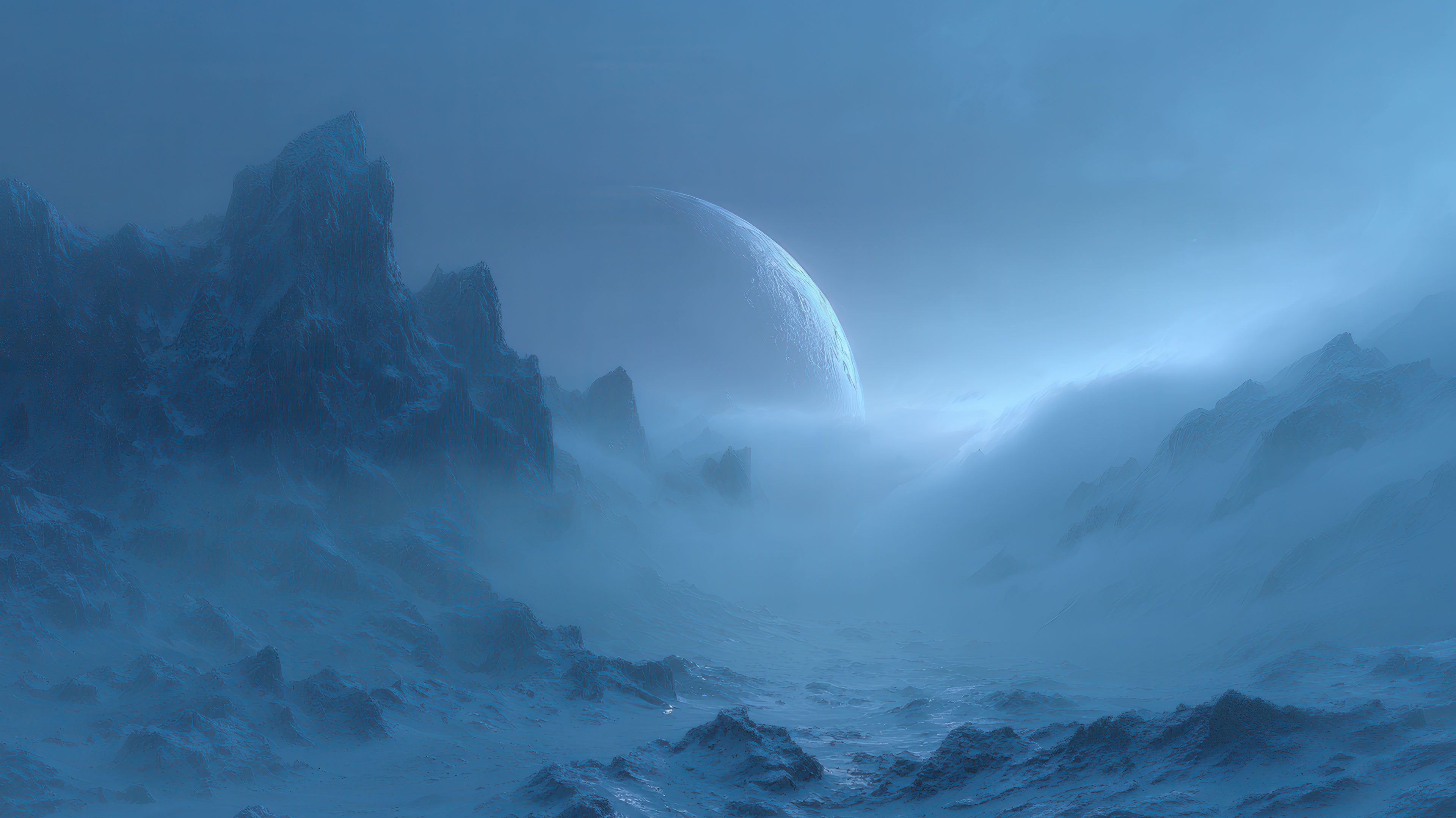 Ethereal Blue Alien World Misty Mountains