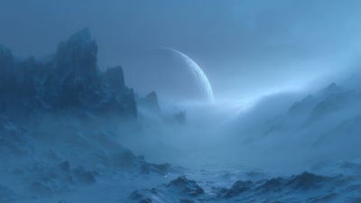 Ethereal Blue Alien World Misty Mountains