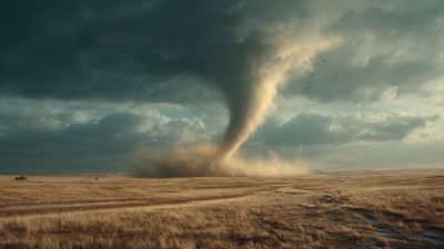 Powerful Tornado Across Golden Prairie Landscape