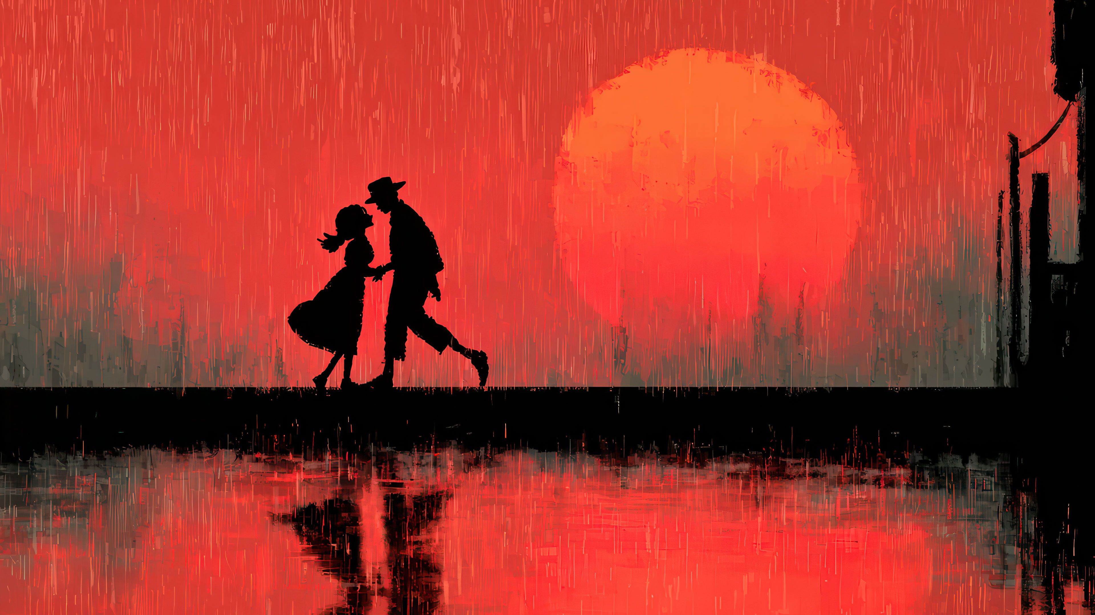Father and child walk in red rain reflection