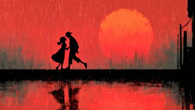 Father and child walk in red rain reflection