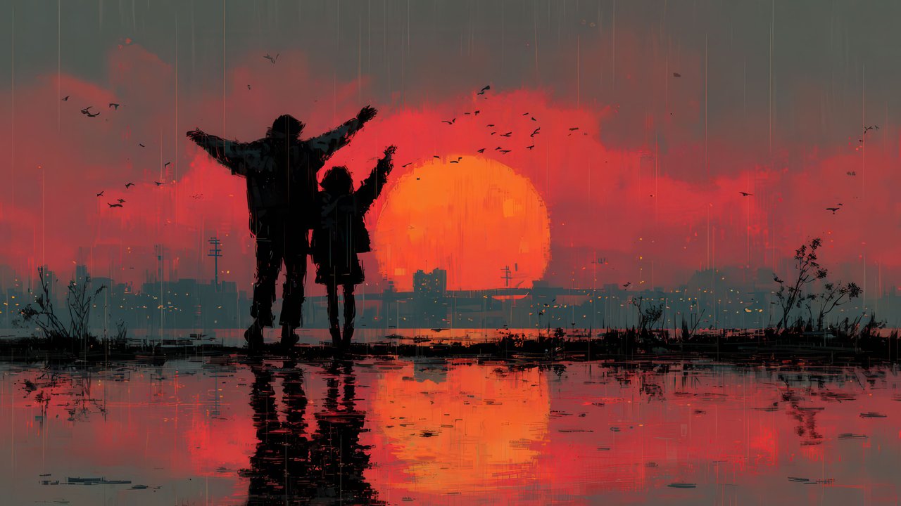 Hopeful silhouettes greet city sunset reflections