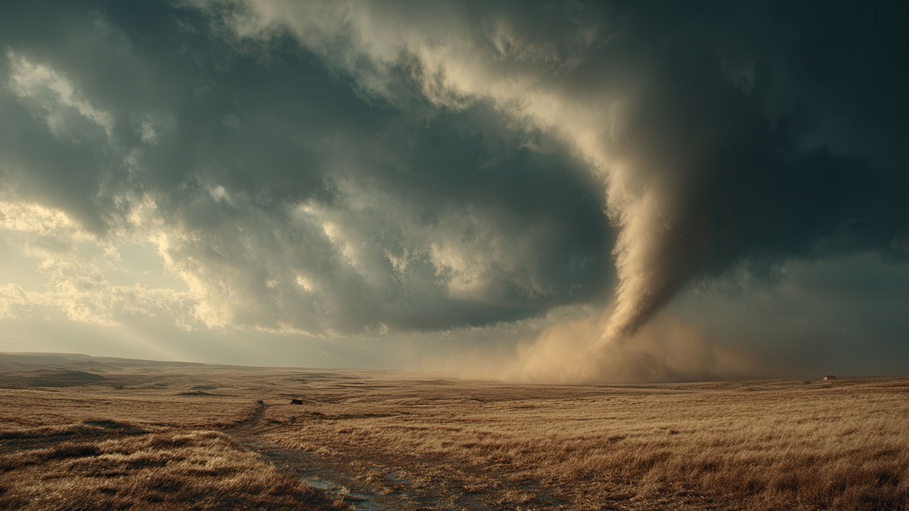 Sunlit Tornado Funnel Cloud Over Vast Open Plains
